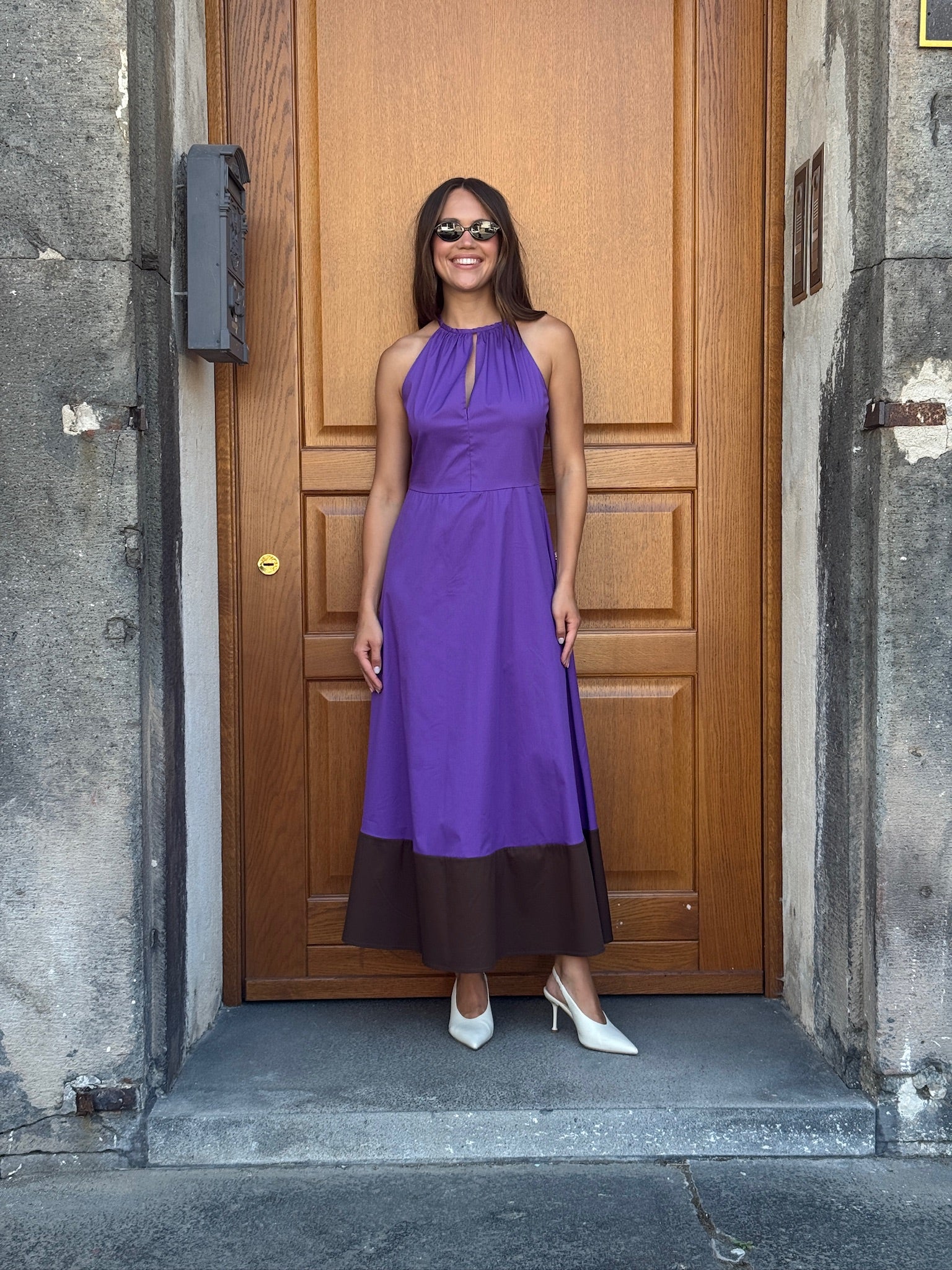 Abito midi viola con fondo marrone – Le Streghe